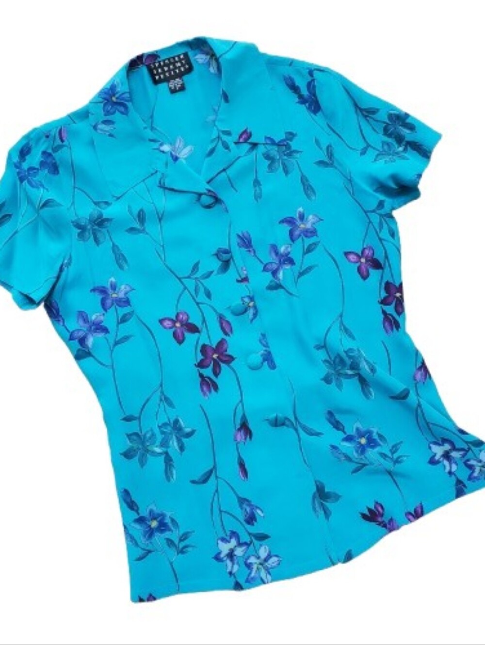 Womens Turquoise 100% Silk Floral Short Sleeve Button Front Top Size 4